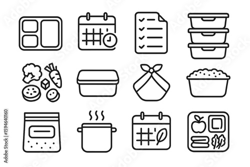 Meal prep icons: containers, calendars, vegetables, and cooking symbols
