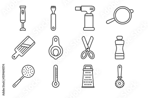 Kitchen utensils line drawing: blender, grater, scissors, peeler, pizza cutter