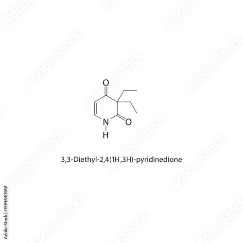 3,3-Diethyl-2,4(1H,3H)-pyridinedione skeletal structure. Pyridinedione compound schematic illustration. Simple diagram, chemical formula.