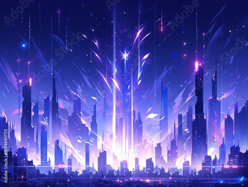 Futuristic neon gradient with glowing particles, cyberpunk aesthetic, dark purple to electric blue transition, abstract digital background suitable for technology, sci-fi and modern design concepts.