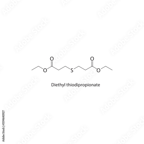 Diethyl thiodipropionate skeletal structure. Thioester compound schematic illustration. Simple diagram, chemical formula.