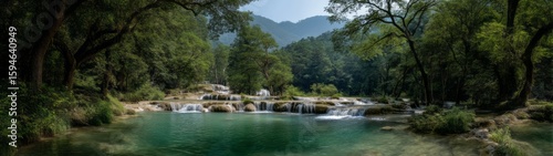 Serene waterfall discovery lush forest 360 degrees hdr panorama tranquil nature scene