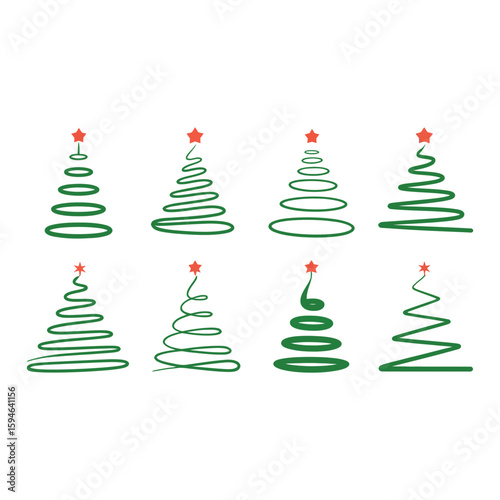 Stylized green christmas trees with red stars holiday