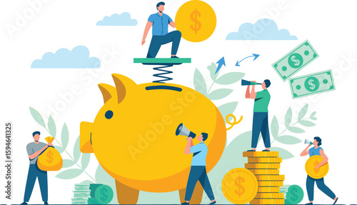 Cartoon Piggy Bank Illustration with People Managing Finances, Investing, Saving, and Searching for Opportunities
