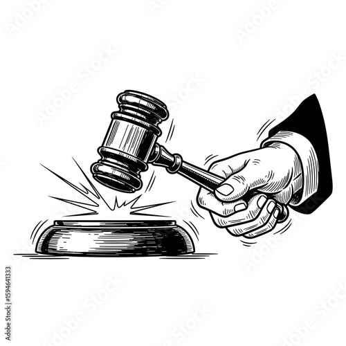 Judge’s hand striking gavel, verdict accepted - hand drawn black and white vintage ink sketch, vector illustration
