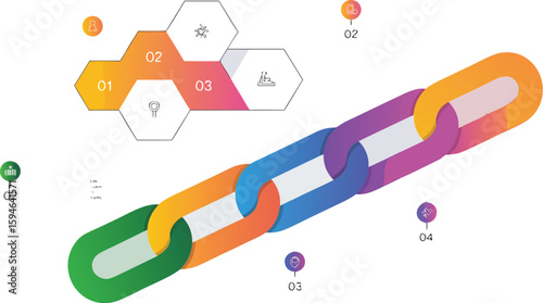 Colorful Chain Links with Hexagon Infographic and Icons on a White Background
