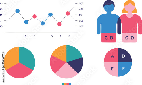 Colorful Infographic Line Graph, Three Pie Charts, and Male and Female Icons, Data Representation