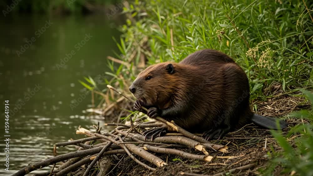 Brown Beaver Eating Wood Near the River Bank with Green Grass and Lush Foliage in Natural Daylight Brown Beaver Eating Wood Near the River Bank with Green Grass and Lush Foliage in Natural Daylight