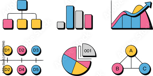 Diverse Colorful Business Chart Collection Organization Chart, Bar Graph, Area Chart, Pie Chart, Network Diagram