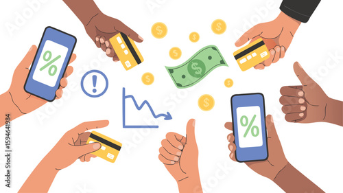 Diverse Hands with Phones, Credit Cards, Money, Falling Chart, Exclamation Point, and Thumbs Up Signs