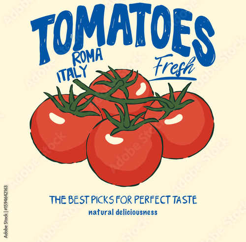 Italy fresh tomato. Positive vibes,red fresh, Blooming tomatoes art. Red tomato vintage t-shirt design. Organic vegetable farm. Tomato vegetable artwork for t shirt print, poster, sticker and other us