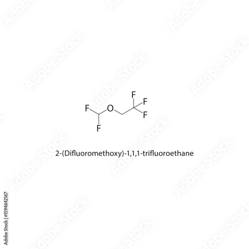 2-(Difluoromethoxy)-1,1,1-trifluoroethane skeletal structure. Fluoroether compound schematic illustration. Simple diagram, chemical formula.