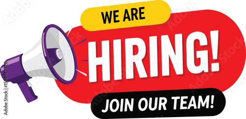 Vector art of megaphone announcing we are hiring and to join our team
