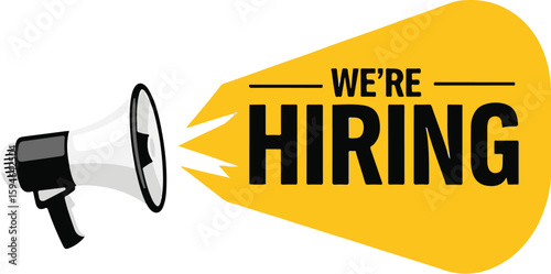 Vector art of megaphone announces we are hiring with a bright yellow shape