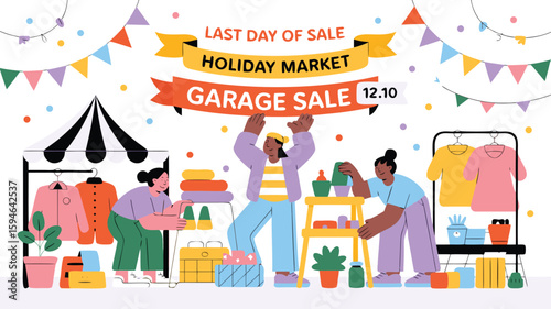 Illustration of People at a Holiday Market Garage Sale with Clothing and Household Items