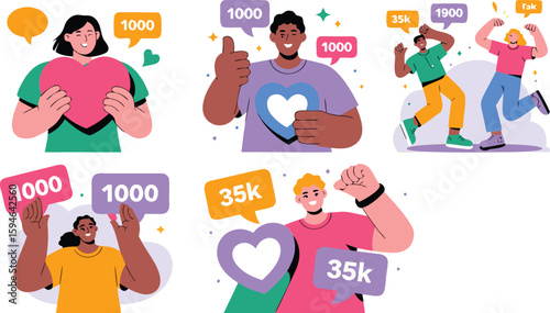 Illustrations of People Celebrating Online Success with Hearts and High Engagement Metrics on Social Media