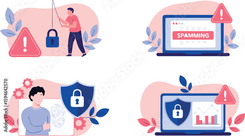 Illustrations of Phishing Attack, Spamming, Biometric Security, and Data Protection Against Online Threats