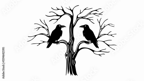 Two crows on the dark tree horror night concept 
