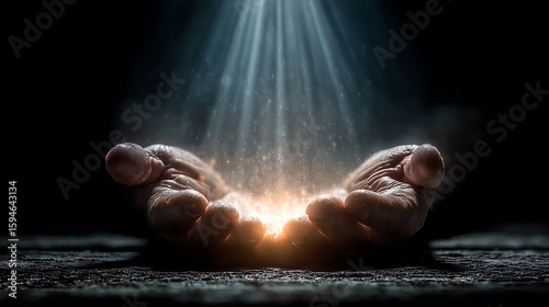 Two hands cupped upward, illuminated by a beam of bright, heavenly light, emanating from above.