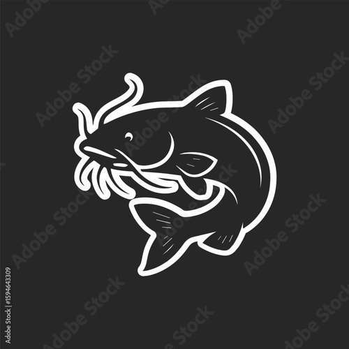 White catfish silhouette logo on black background, generative ai