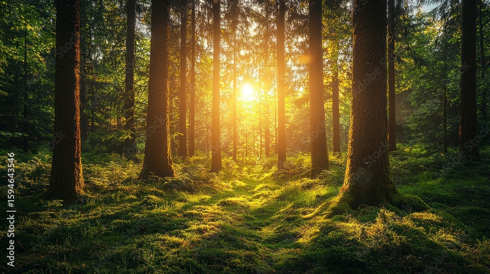 Fototapeta premium Serene Forest Scene with Dappled Sunlight Through Trees and Lush Green Underbrush for Calmness and Mindfulness