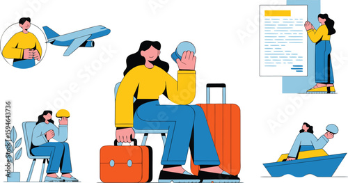Travel Planning Concept Woman with Luggage Contemplating Trip Options – Airplane, Boat, and Documents