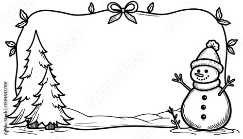 Abstract Christmas frame with snowman and tree – Holiday coloring design for kids