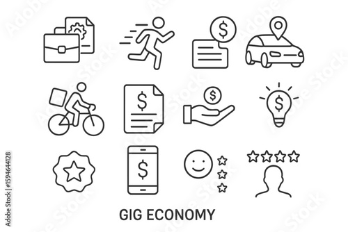 Gig economy icons: ride, cycle, deliver, earn, innovate