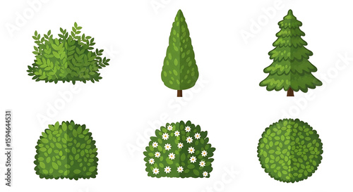 Assortment of Green Bushes and Trees in Flat Vector Style