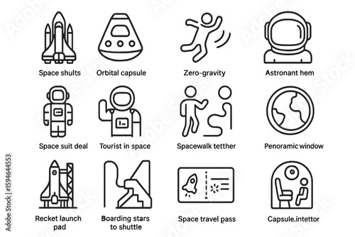 Space icons collection - shuttle, capsule, astronaut, tether, window, launch pad