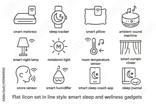 Smart sleep and wellness gadgets in minimalist line icons