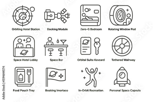 Futuristic space station amenities and features illustrated