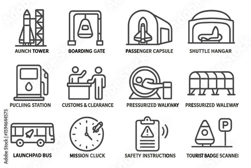Space travel icons: launch, boarding, capsule, shuttle, customs, instructions