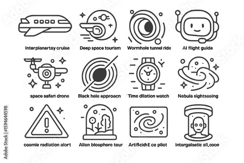 Futuristic space icons: travel, exploration, and technology concepts illustrated