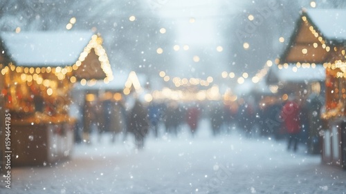 background snowfall enveloping festive christmas market, blurred silhouettes wandering near decorated fir trees, twinkling lights, Soft church looming in historic