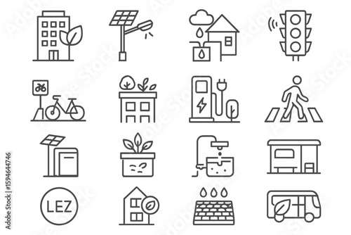 Urban sustainability icons: eco-friendly transportation and energy solutions