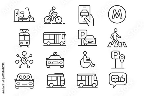 Transportation icons: bike, bus, car, scooter, subway, parking