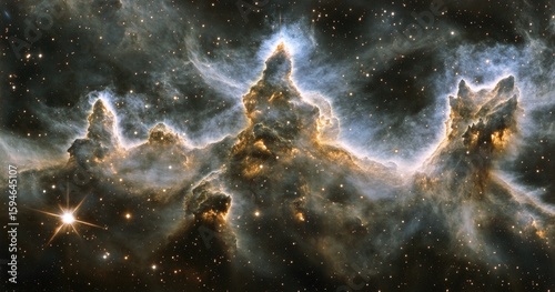 Nebula of towering structures, glowing gas clouds, and distant stars.  Vast cosmic landscape