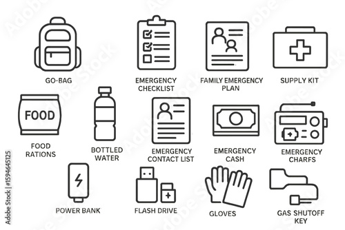 Emergency preparedness icons: kit, checklist, plan, water, cash