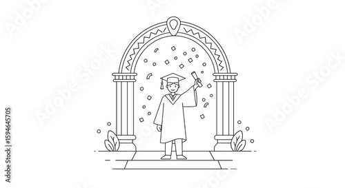 Minimal graduate celebration: cap and gown under arch with confetti in linear design
