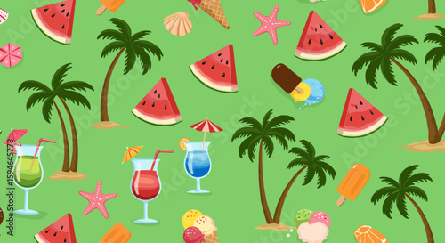 Tropical summer pattern with watermelons, palm trees, and ice creams on green