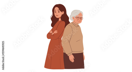 Generational connection: young woman and elderly woman back to back in flat style