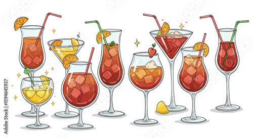 Vibrant collection of refreshing cocktails with ice cubes and garnishes