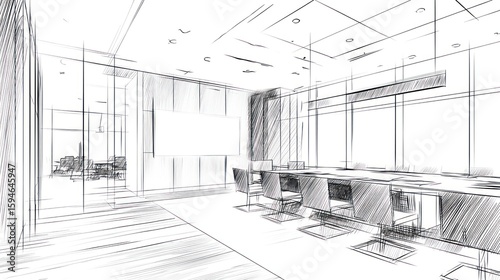 Interior architectural sketch of a modern office space.