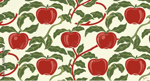 Vintage style red apples and green leaves seamless pattern on beige background