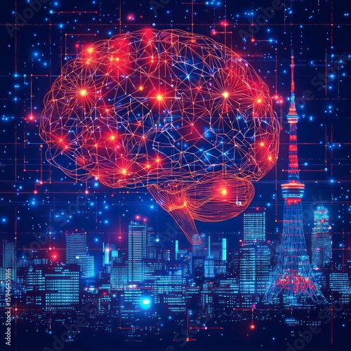 Neon Brain Concept Over Tokyo City Skyline with Futuristic Visuals and Vibrant Colors