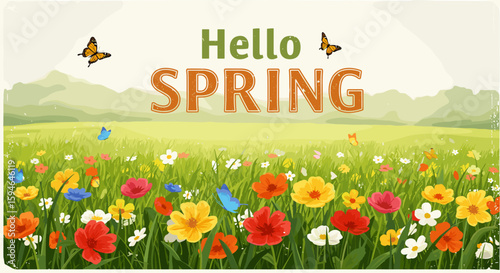 Hello spring: vibrant floral meadow with butterflies and blossoming flowers
