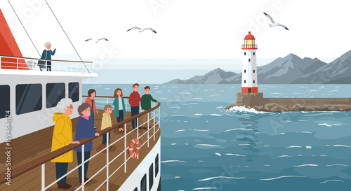 Scenic cruise past lighthouse with family enjoying ocean views