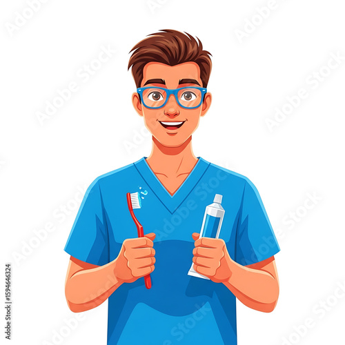 Smiling Cartoon Dentist Holding Toothbrush and Toothpaste Tube in Blue Uniform