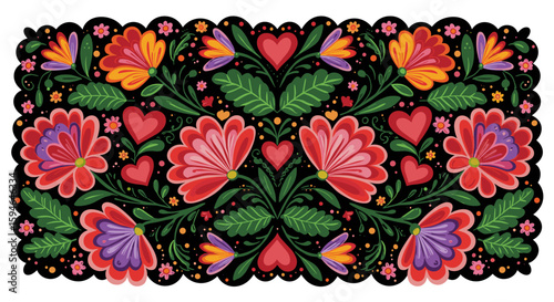 Colorful floral pattern with folk art design and hearts on black background